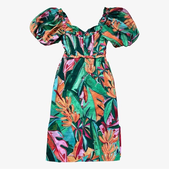 FARM Rio Banana Foliage Multicolor Puffed Sleeve Midi Dress XS NWT - Picture 9 of 16